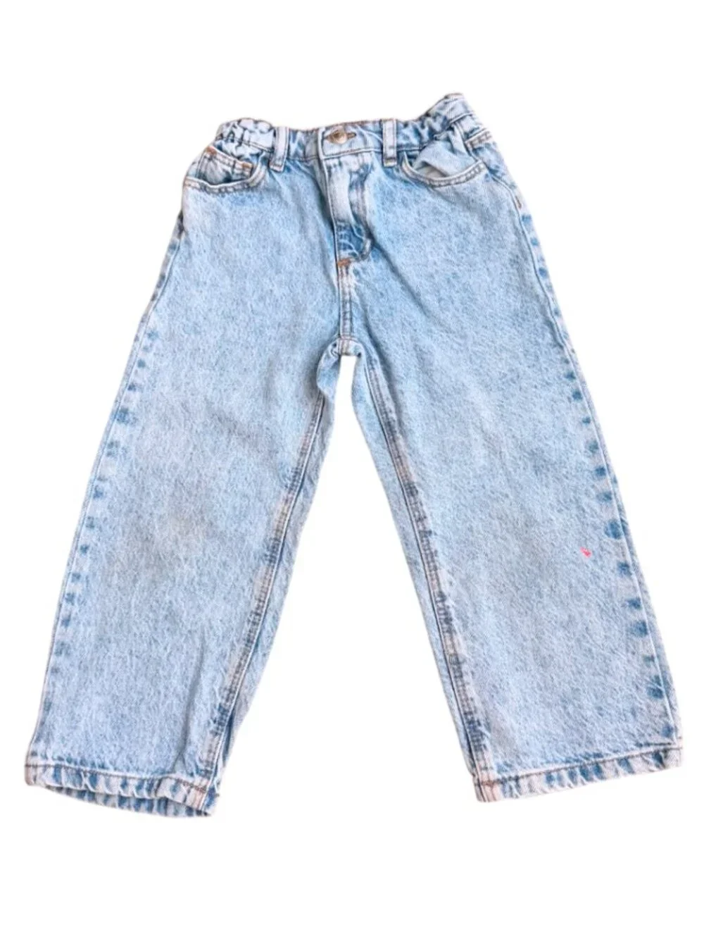 Zara Girls Heart Pocket Acid Wash Jeans - Light Blue Wide Leg Denim, Size 4-5T